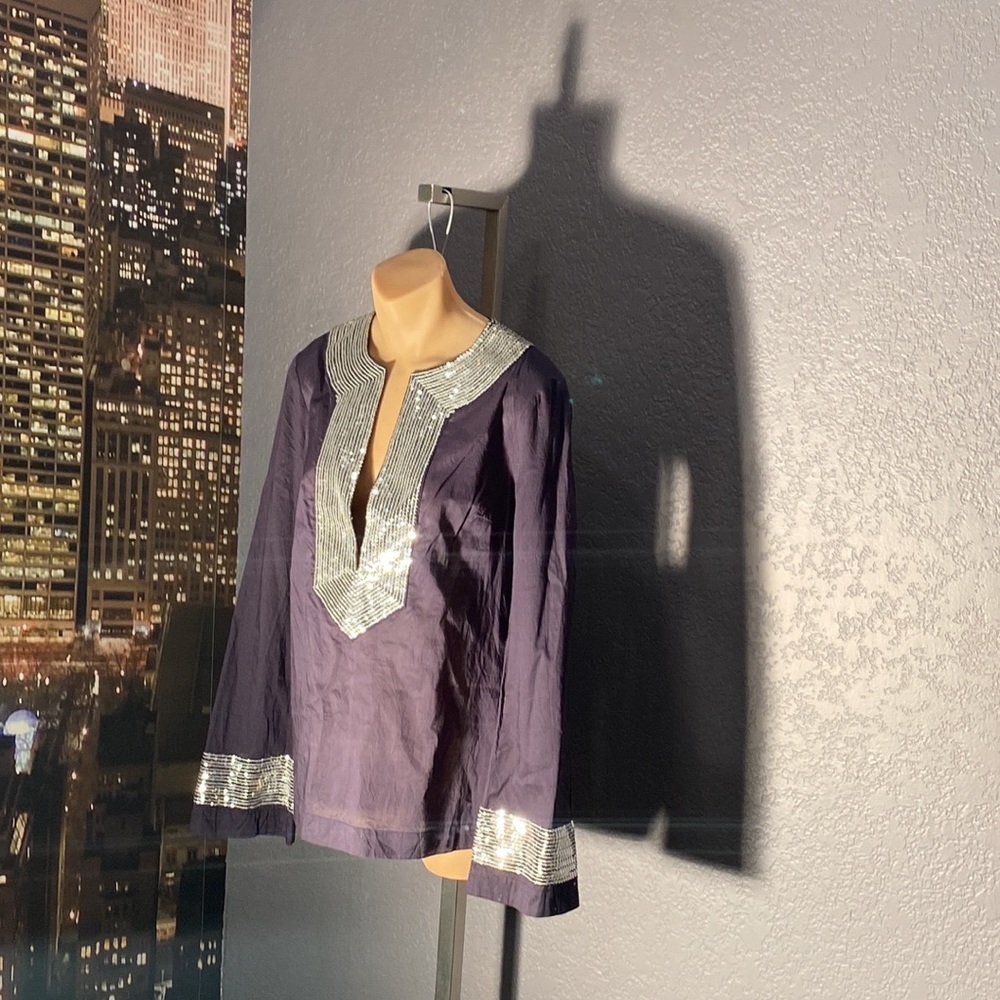 TORY BURCH - l/s dark blue tunic: silver sequins on neck & cuffs, hip slits - 8 - Picture 5 of 16